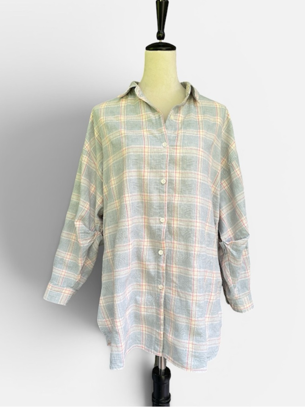 Max Studio Oversized Plaid Textured Button-down w/Roll-tab Sleeves Sz Small
